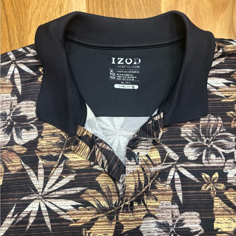 Vintage Izod Black and Brown Floral Golf Polo